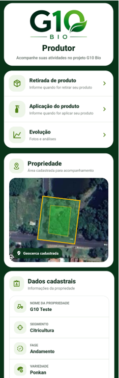 Layout do aplicativo G10 Bio Produtor